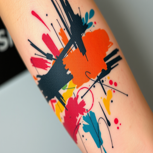 Abstract expressionist tattoo featuring dynamic brushstrokes and splashes of color, spontaneous and emotional composition inspired by modern art movements, bold and unconventional artistic approach