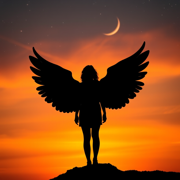 Create an image of a silhouette of a figure with wings standing against a sunset gradient sky with stars and a crescent moon, shot with a DSLR camera at f/2.8, ISO 400, 50mm lens, in a low-angle shot for dramatic effect.