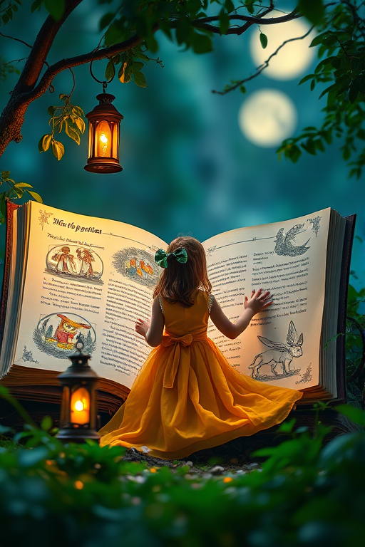Create a fantasy scene featuring a large, open book with enchanting illustrations, a girl in a flowing yellow dress gazing at the book, surrounded by lush greenery, a lantern illuminating the scene, moonlight casting a mystical glow, shot with a Canon EOS R5, 35mm lens, f/1.8 aperture, ISO 100, with a soft focus background to enhance depth.