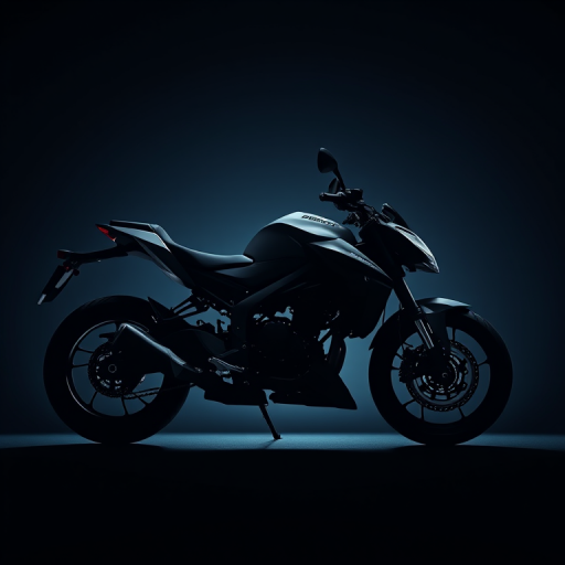 Create a high-resolution silhouette of a futuristic motorcycle on a gradient dark blue to black background, shot with a Canon EOS R5, 50mm lens, f/2.8 aperture, ISO 100, and soft natural lighting to enhance the contours and sleek design.