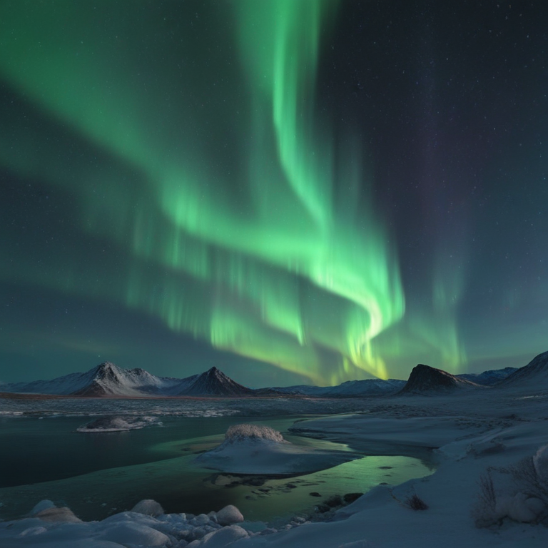 Majestic Northern Lights Dancing Over a Serene Winter Landscape at Night
