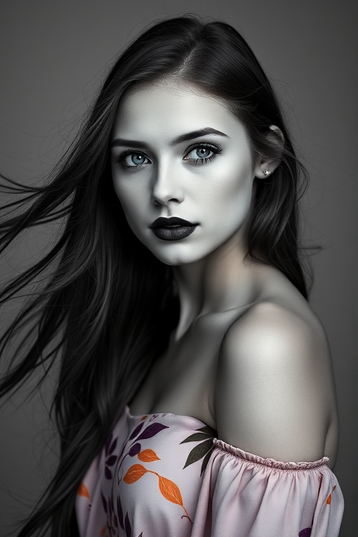 Photographic image of a beautiful young Native American woman, blue eyes, lips with black lipstick, long hair fluttering in the wind and wearing a silk strapless dress with a soft purple and orange print. monochrome image with only color highlights in the iris of the eyes, lipstick and dress. Gray background.