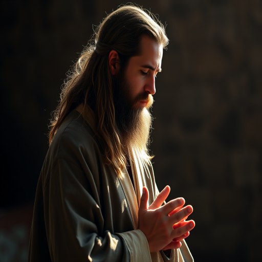 Create an image of a serene man with long hair and a beard in prayer, wearing a flowing robe, soft natural lighting, captured with a Canon EOS R5, 50mm lens, aperture f/1.8, ISO 200, at a 45-degree angle view, emphasizing a spiritual and contemplative atmosphere.