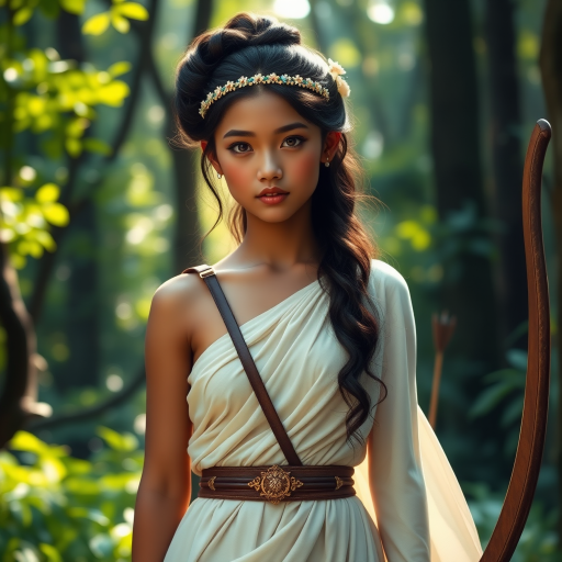 Create a portrait of a goddess-like Pacific Islander girl figure in a tranquil, forested environment. She has an elegant appearance with long, wavy hair styled in an updo and adorned with a delicate, floral headband. She wears a flowing, ancient Greek-inspired gown in a soft, pale color, featuring a one-shoulder design and draped fabric that accentuates her graceful form. The outfit includes a decorative belt with ornate gold detailing, and she holds a bow in her hand, with a quiver of arrows slung over her shoulder. The background depicts lush greenery, with sunlight filtering through the trees, casting a gentle, ethereal light on the scene. Her expression is calm and contemplative, embodying a sense of wisdom and serenity.