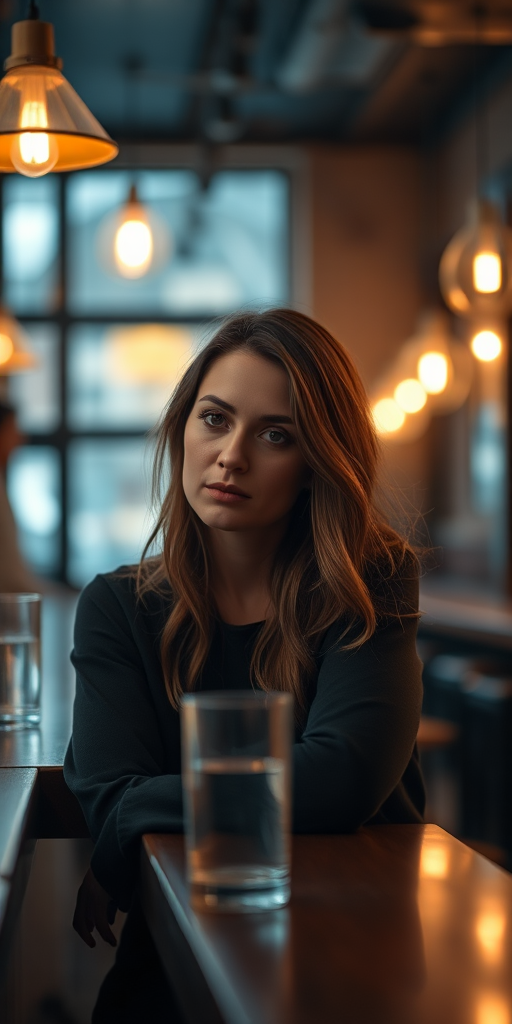 Regenerate a portrait of a woman sitting at a bar, softly illuminated by warm pendant lights, with a glass in front of her, using a Canon EOS R5 camera, 50mm lens, aperture f/1.8, ISO 100, and a shallow depth of field for a dreamy bokeh effect.