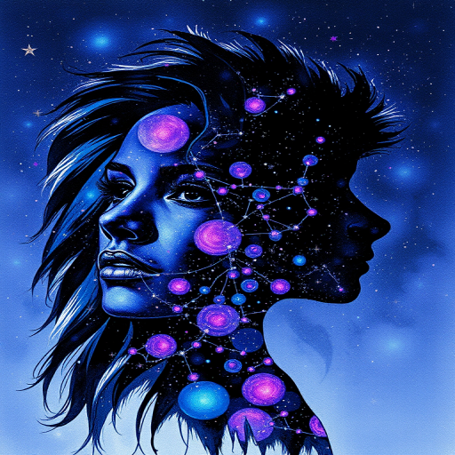 Captivating conceptual render alcohol ink art, double exposure, the paint strokes artfully merge combining a woman's full silhouette with a Humble hare's silhouette. The figures are composed of a series of colored dots, lines & spots that evoke the image of a cosmic galaxy, colors are deep shades of blue purple & black with flashes of white & silver representing distant stars. The woman's silhouette is formed within the lion's silhouette from constellations of scattered stars, surreal