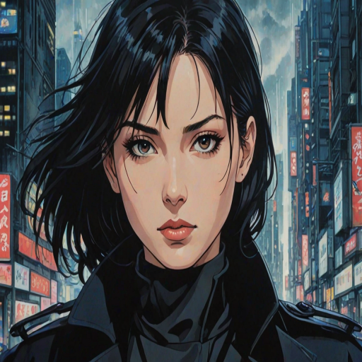 drawing of a closeup on face of woman wearing a long black trench-coat futuristic city in the background in the style of the 90s anime Akira