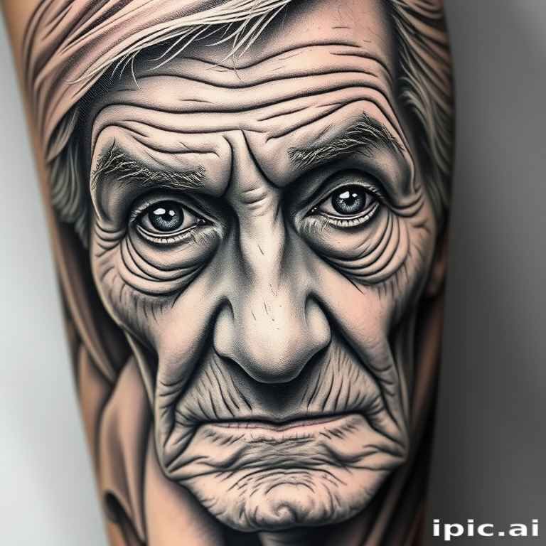 Realistic grayscale tattoo titled "Timeless Portrait" depicting a highly detailed elderly face with deep wrinkles wisdom-filled eyes and weathered skin textures capturing the essence of life's journey through expert shading techniques