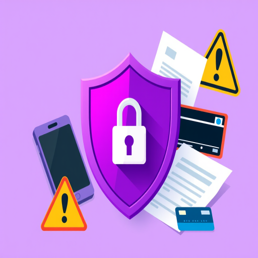 A digital illustration of a purple shield with a lock, surrounded by a phone, documents, a warning sign, and a credit card, in a flat design style, shot using a digital camera at f/8, 1/60s, ISO 200, with a slight vignette effect and soft focus background.