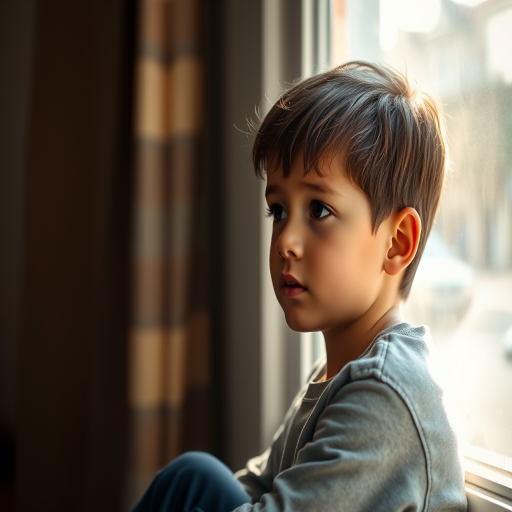 create a portrait of a contemplative young boy sitting by a window with soft sunlight filtering through, a slightly blurred background, using a DSLR camera with a 50mm lens, aperture set to f/1.8, ISO 200, and natural light to enhance the warm tones and soft details