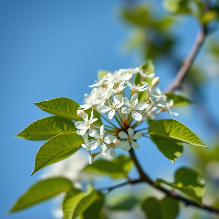 Regenerate an image of delicate white flowers on a branch with lush green leaves against a soft blue background, using a DSLR camera, 50mm lens, f/2.8 aperture, ISO 100, shot in soft natural light at a slight upward angle for enhanced depth.