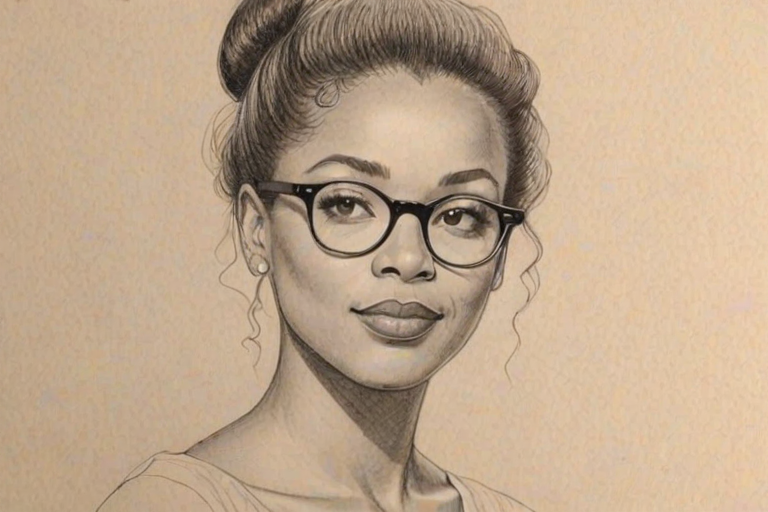 Lovely Monique Coleman, pencil sketch, portrait of Graceful woman 1949s in glasses, hair style beatnik, outline, clear lines, fine lines, 8k