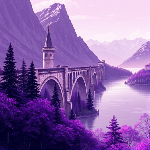 day, natural lighting, bridge focus, CandiBRIDGE, no humans, mountain, water, tower, castle, bridge, purple trees, from above, negative space, scenery, intricately detailed illustration, depth of field, atmospheric perspective, purple theme, monochrome, selective coloring