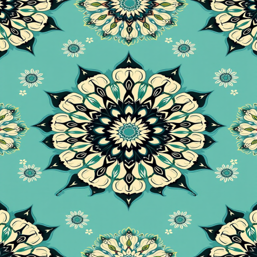 create a seamless pattern of intricate floral mandalas in soft cream and black on a teal background, captured with a Canon EOS R5, 50mm lens, f/2.8 aperture, 1/125s shutter speed, in bright daylight with soft shadows, high resolution.