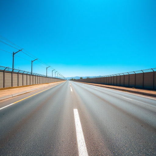 regenerate a wide-angle shot of a deserted road with a utility wall on one side, clear blue sky in the background, taken with a DSLR camera, aperture f/8, shutter speed 1/250s, ISO 200, 24mm lens, natural lighting for enhanced image quality