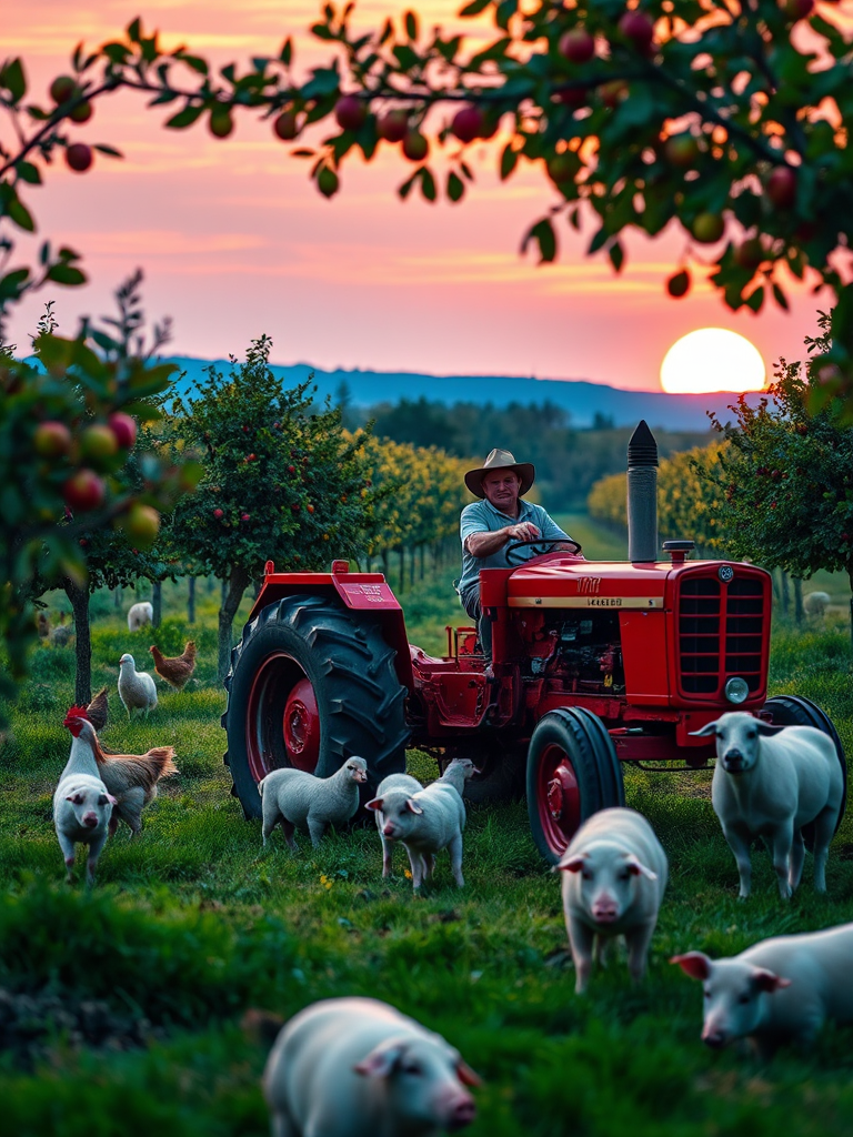 vibrant rural landscape with a farmer in a red tractor, surrounded by trees with apples, chickens, sheep, and pigs, sunset in the background, high saturation, 35mm lens, f/8 aperture, ISO 200, soft focus style, DSLR camera