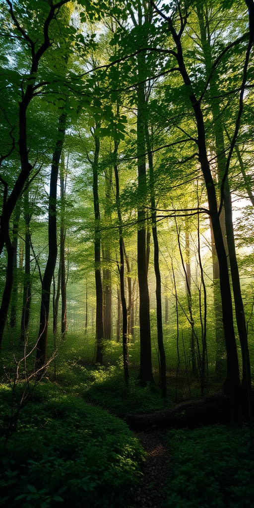 Generate an image of a mystical forest with lush green foliage and soft sunlight filtering through the trees, using a DSLR camera with a 50mm lens, aperture set at f/1.8 for a shallow depth of field, ISO 100 for high image quality, and a wide-angle view to capture the expansive scenery.