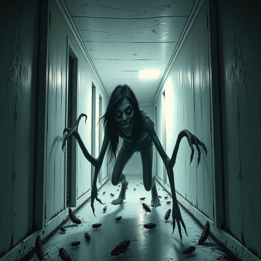 a crooked female with long arms and a creepy smile is crawling along a long white corridor and you can also see cockroaches in it there is a creepy atmosphere creepy art style