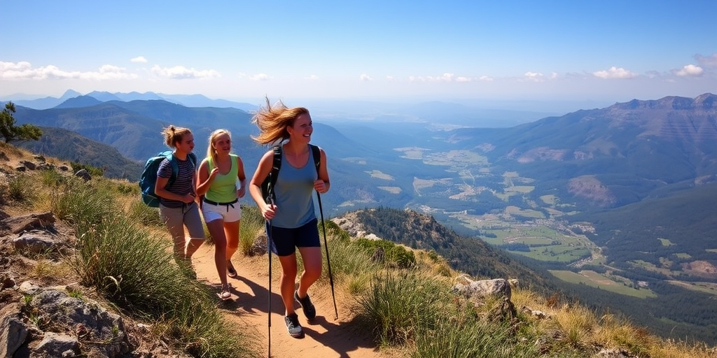 Group of friends hiking along a mountain trail, their laughter carried on the wind, as they reach a scenic overlook with a breathtaking view of the valley below.