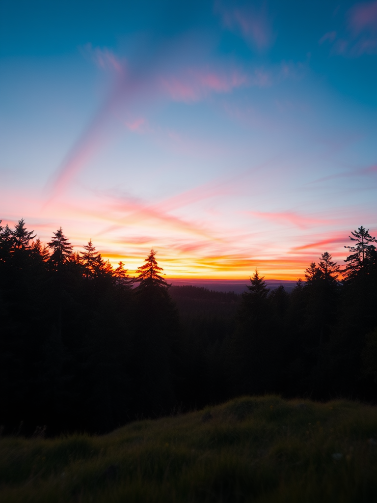 A serene landscape of a forest during sunrise with vibrant colors in the sky, shallow depth of field, shot with a DSLR camera at f/2.8, 50mm lens, ISO 100, utilizing a golden hour lighting setup.