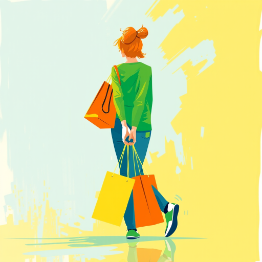 Create a vibrant graphic illustration of a person walking while carrying several shopping bags in bright colors like yellow, orange, and green, with a focus on an abstract style, using a digital art camera setting with a 50mm lens, f/2.8 aperture, and a slightly blurred background to enhance the subject's prominence.