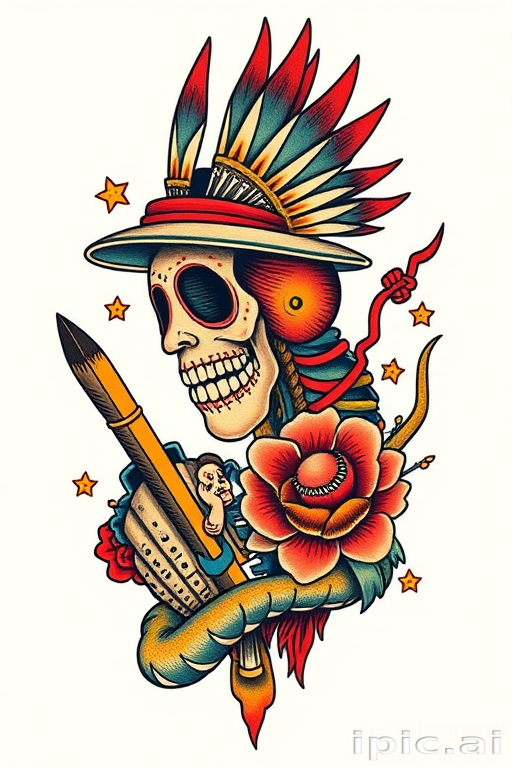 Traditional American tattoo reimagined with a modern twist, featuring bold linework and vibrant colors in a mashup of classic motifs and contemporary pop culture references