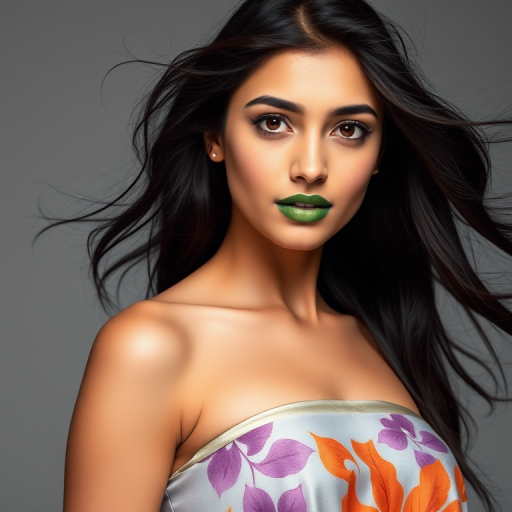 Photographic image of a beautiful young Pakistani woman, red eyes, lips with green lipstick, long hair fluttering in the wind and wearing a silk strapless dress with a soft purple and orange print. monochrome image with only color highlights in the iris of the eyes, lipstick and dress. Gray background.