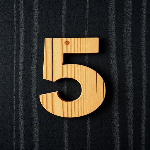 Wooden texture number five on a black background, close-up shot, ISO 100, f/2.8 aperture, 50mm lens, natural lighting, high dynamic range imaging.