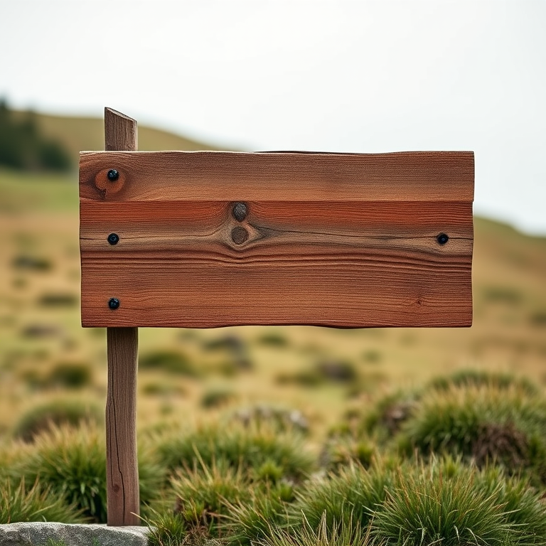 Create a highly detailed wooden signpost with three empty planks, standing on a grassy hill, captured in 4K resolution, with a 50mm lens, f/2.8 aperture, and a shallow depth of field to enhance focus on the sign.