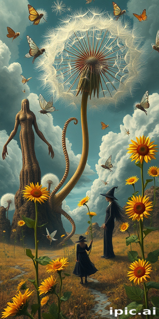 A surreal allegory featuring ethereal fairies, towering sunflowers, and an enigmatic witch, all set within a dreamlike landscape. The scene is dominated by a colossal dandelion, its delicate seeds floating through the air, reminiscent of Yves Tanguy's abstract forms. The environment is a blend of otherworldly elements and natural beauty, with twisted, elongated shapes and surreal colors that evoke a sense of mystery and enchantment.