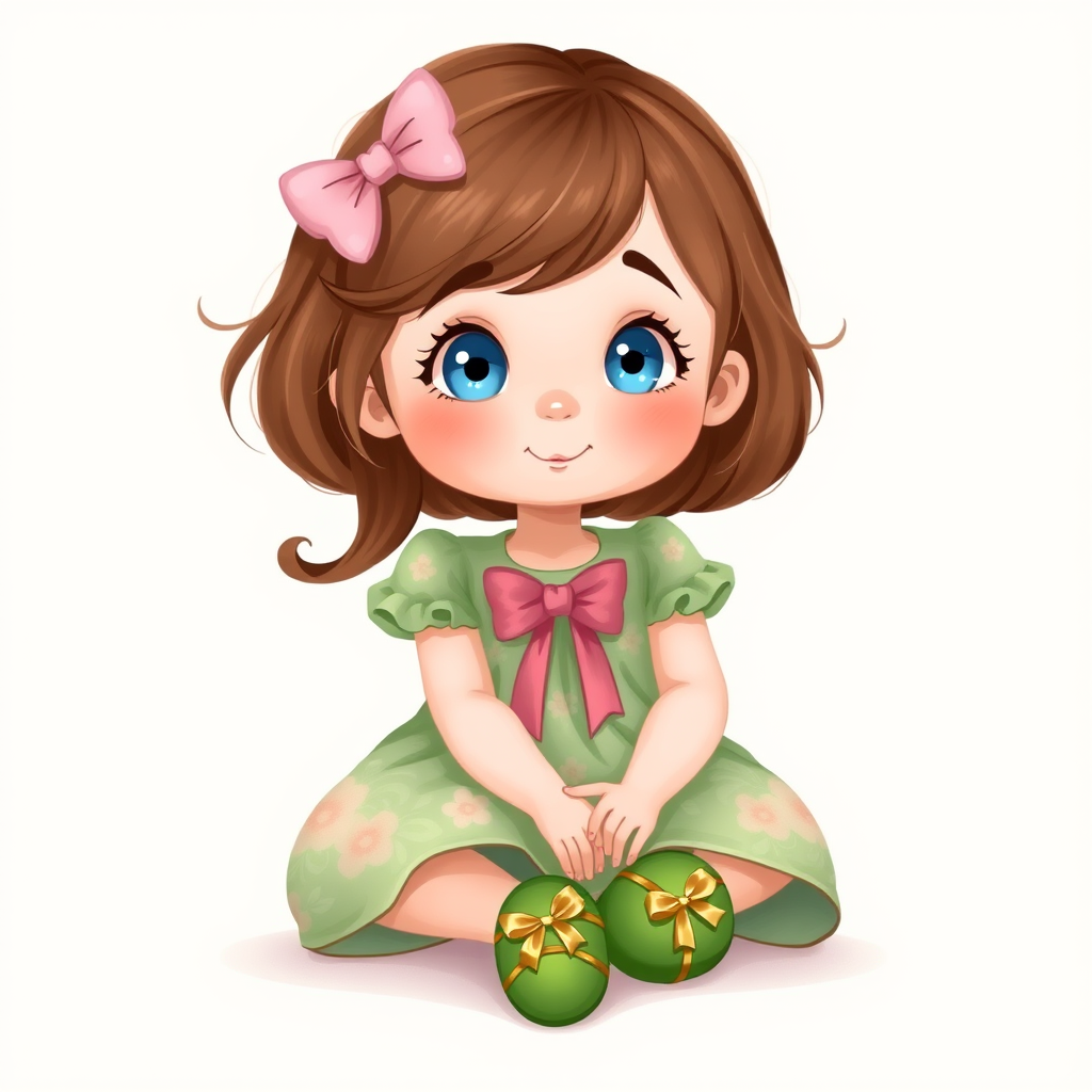 digital illustration of a kid girl with brown hair and blue eyes, sitting on the floor with her legs crossed and her hands resting on her knees. she is wearing a green floral dress with a pink bow on the front and a pair of green shoes with gold ribbon. She has a pink bows on her head. The background is a light beige color with a subtle texture. whimsical and dreamy.The color scheme is soft and muted pastel.