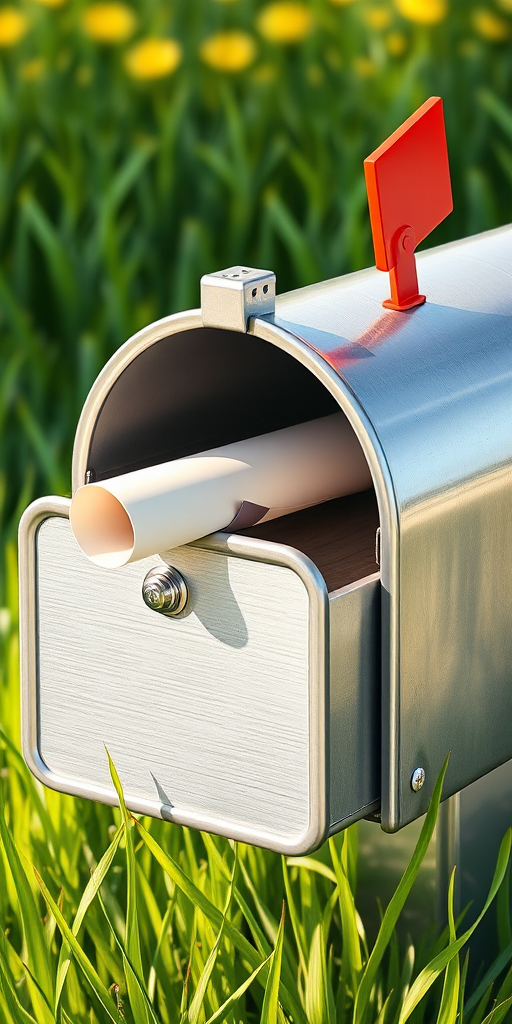 Create a high-resolution illustration of a silver mailbox with a red flag, partially open to reveal a rolled parchment inside, surrounded by vibrant green grass, captured with a DSLR camera at f/5.6 aperture, ISO 100, 50mm lens, in natural lighting to enhance details and colors.