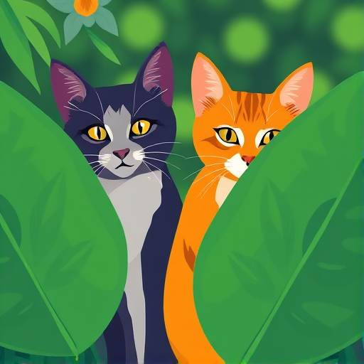 Create a vibrant illustration of two stylized cats partially obscured by large green tropical leaves in a flat design style, using a soft focus effect, shot with a Canon EOS R5, 50mm lens, f/2.8 aperture, ISO 100, and a subtle bokeh background for depth.