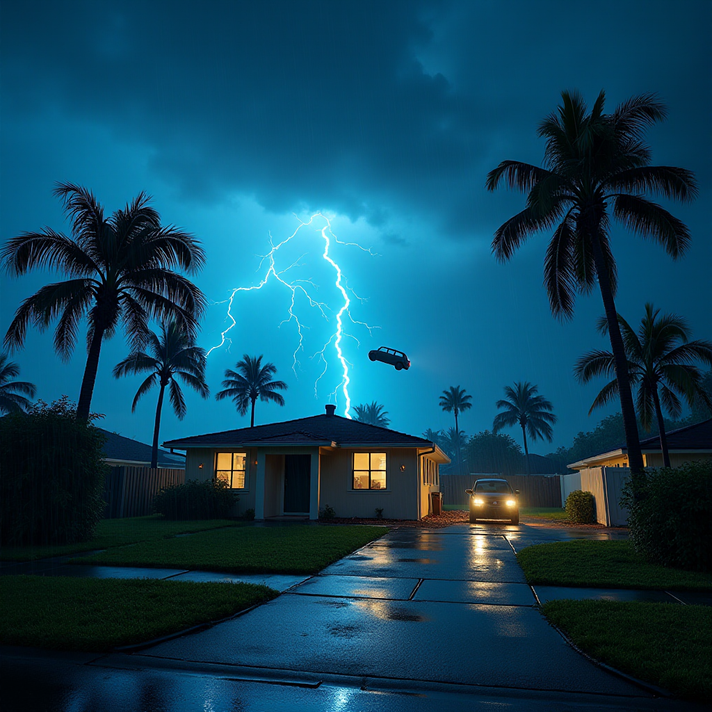 Hurricane Milton blows a roof off a home. Strong winds and rain blows sideways. Palm trees uprooted and bent over. Cars flying through the sky with debris. Sky is dark with thunder storms. Lightning strikes are fluorescent blue. Add text Hurricane Milton 2024