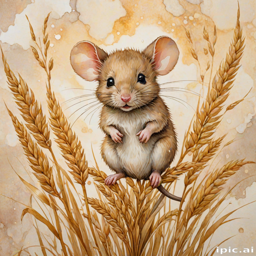 Soft, muted Alcohol Ink with ebru effect background image of tiny whimsical mousey, who climbed high on the top of a golden rye ear.