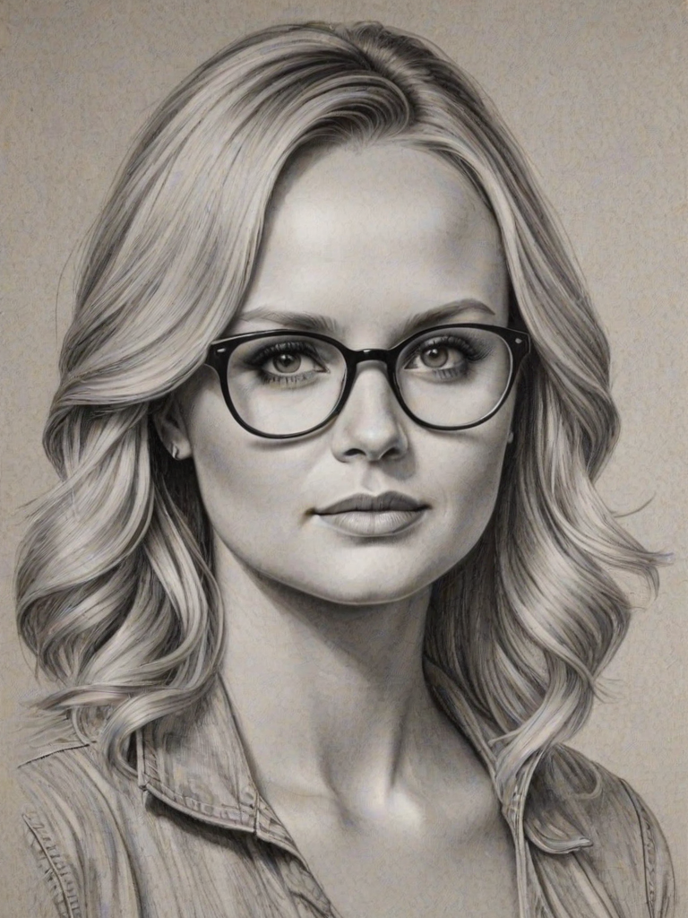 Lovely Miranda Lambert, pencil sketch, portrait of Magnificent woman 1946s in glasses, hair style beatnik, outline, clear lines, fine lines, 8k