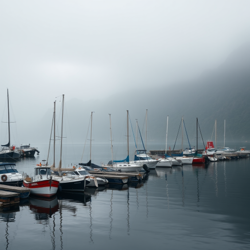 Capture a moody harbor scene with boats docked in calm waters against a misty mountain backdrop, using a Canon EOS R5 with a 24-70mm f/2.8 lens, aperture set to f/8, ISO 100, and a shutter speed of 1/250 sec, taken in soft light during overcast weather for enhanced detail and atmosphere.