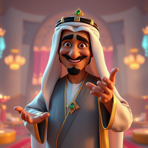 Create a 3D rendering of a wealthy Arab male sheikh from Dubai, inspired by the Disney animation style. The sheikh must have a smile and a playful but wise character. Place your character in an atmosphere of wealth and luxury. The image must be in high resolution format. Dynamic pose above the waist, gesturing with hands (Pixar Art style)++ highly detailed digital painting, art stations, concept art, soft focus, hard focus, illustrations. cinematic, visual effects, HDR, Unreal Engine 5, ray tracing, soft light, 8k, high detail, sparkling backlighting, luxury gem, game art, 3d, cartoon, colorful, magical, mysterious