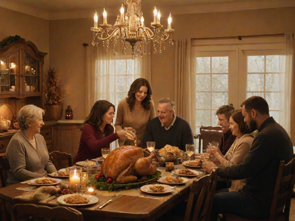 Warm, softly lit image of a family gathered around a table for Thanksgiving dinner, a golden turkey in the center, with soft light from a chandelier casting a cozy glow over the room.