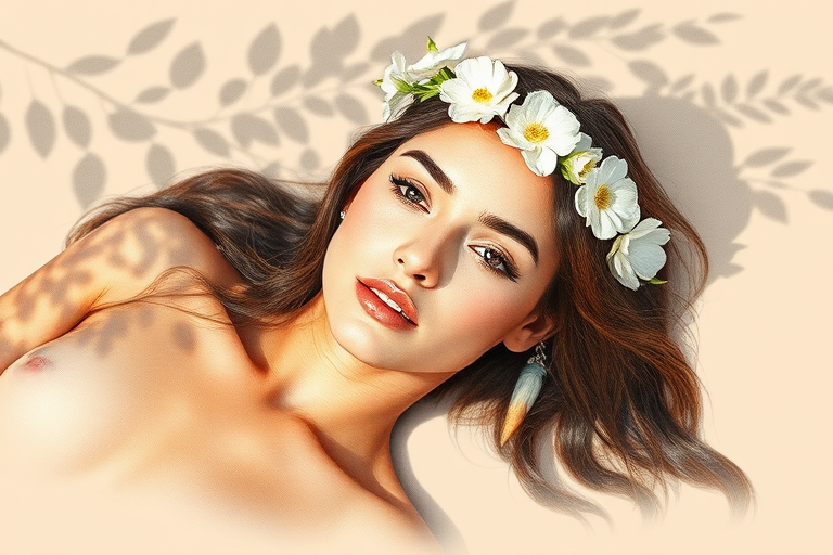 create a watercolor painting of an ethereal portrait of beautiful Native American woman with a simple white flower crown on her head. Her hair is long and she is lying on the ground. The sunlight on the trees casts shadows from the leaves on her face and body. The background is a neutral brown color that matches her skin tone. The image is minimalist and solid colors. This style is characterized by soft, delicate brushstrokes and a light, airy, contrasting color palette. High level of detail and play of light