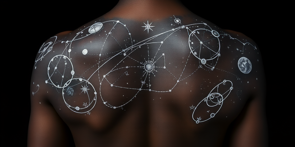 Ethereal body tattoo of constellation maps and celestial bodies spanning across the shoulders and upper arms, rendered in shimmering white ink on dark skin