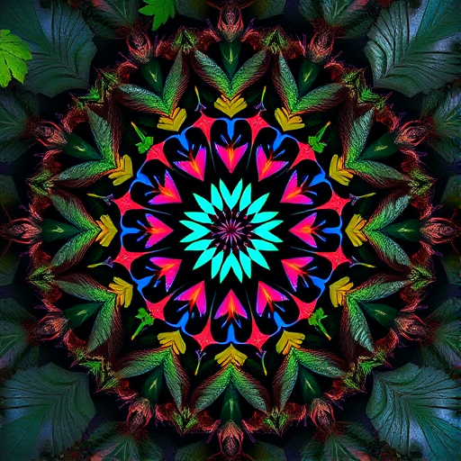 Generate an intricate circular design featuring a pattern of colorful stars surrounded by leaf-like shapes, high-resolution, shot with a Canon EOS R5, 50mm lens, aperture f/1.8, ISO 100, natural lighting, macro photography style.