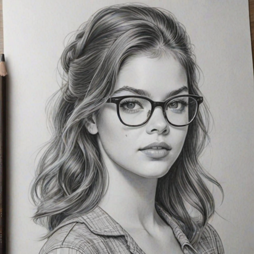 Enticing Barbara Palvin, pencil sketch, portrait of Delightful woman 1960s in glasses, hair style beatnik, outline, clear lines, fine lines, 8k