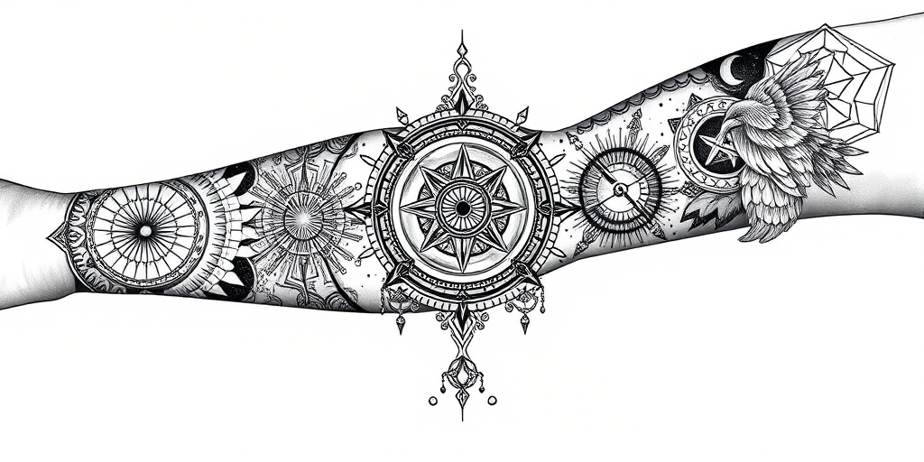 Intricate blackwork tattoo sleeve featuring sacred geometry patterns and mystical symbols intertwined with celestial elements in stark black ink with precise linework and dotwork shading