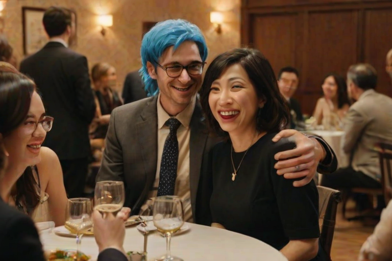 A casual medium shot photo of a group of friends at an indoor gathering, with warm artificial lighting creating a cheerful and relaxed atmosphere; the image features rich colors and is focused on the people, with additional background elements adding context. The main subjects are a Caucasian man and an Asian woman sitting closely together at a round table covered with glasses of drinks, both smiling at the camera. The man has a medium build, fair skin, and wears glasses and a bright blue wig, adding a playful touch. He is dressed in a beige plaid shirt, while the woman has long dark brown hair, light skin, and wears a black dress and a dark jacket. Her expression is cheerful, with a genuine smile. Behind them, other guests, including a man in a suit with a feathered hat, are engaged in conversation, creating a lively yet intimate setting. The lighting is soft, casting gentle shadows, and there is a slight reflection on the glasses, adding to the cozy indoor feel. The tiled wall and wooden trim provide a neutral backdrop, with the details of the table setting adding to the context of a social, light-hearted event. The image is rich in detail, with clear focus on the main subjects and a harmonious blend of warm tones enhancing the convivial mood
