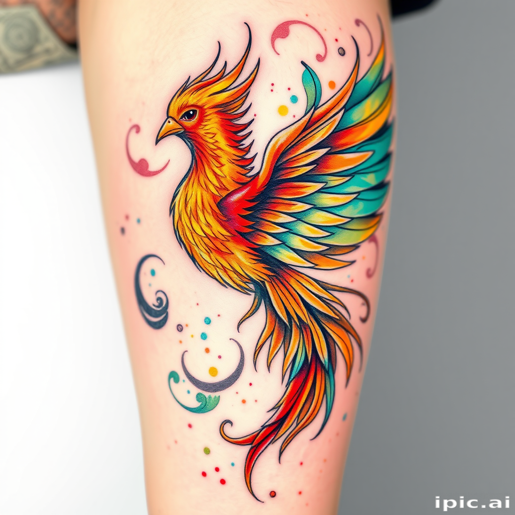 Vibrant watercolor tattoo depicting a majestic phoenix rising from ashes, feathers blending into swirling abstract patterns, iridescent hues of orange and teal, intricate details in negative space