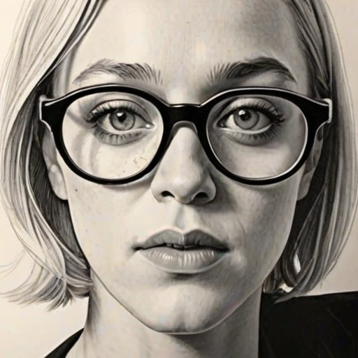 Stunning Chloe Sevigny, pencil sketch, portrait of Sublime woman 1951s in glasses, hair style beatnik, outline, clear lines, fine lines, 8k