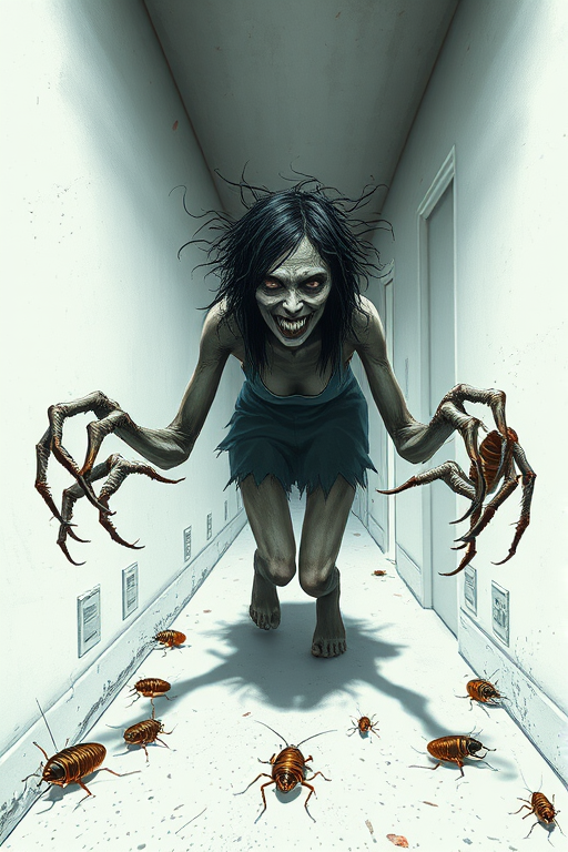 a crooked female with long arms and a creepy smile is crawling along a long white corridor and you can also see cockroaches in it there is a creepy atmosphere creepy art style