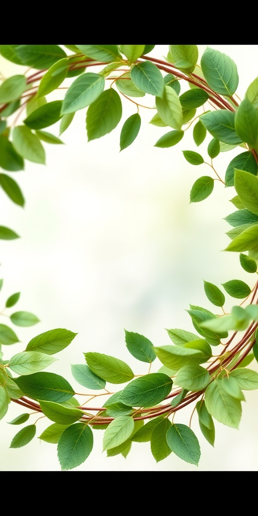 Create a high-resolution circular wreath of mixed green leaves with watercolor texture on a soft, blurred background, using a Canon EOS 5D Mark IV, 50mm lens, f/2.8 aperture, 1/200s shutter speed, in natural light.