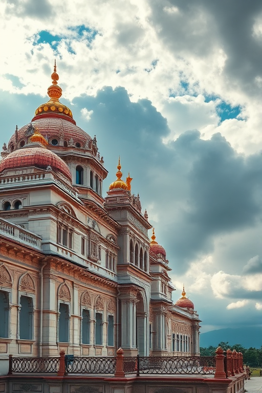 Create an image of a grand palace with intricate architectural details set against a backdrop of dynamic clouds, captured in high resolution with a DSLR camera at f/8 aperture, 1/250 shutter speed, ISO 100, a wide-angle lens at 24mm, and vibrant colors.